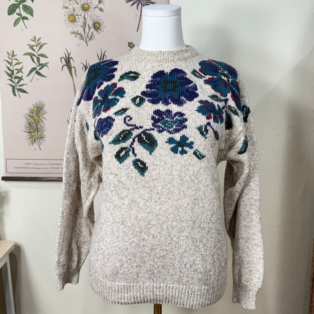 Vintage 90s Y2k Floral Cotton Wool Pullover Sweater Grandma Cottage Prairie M